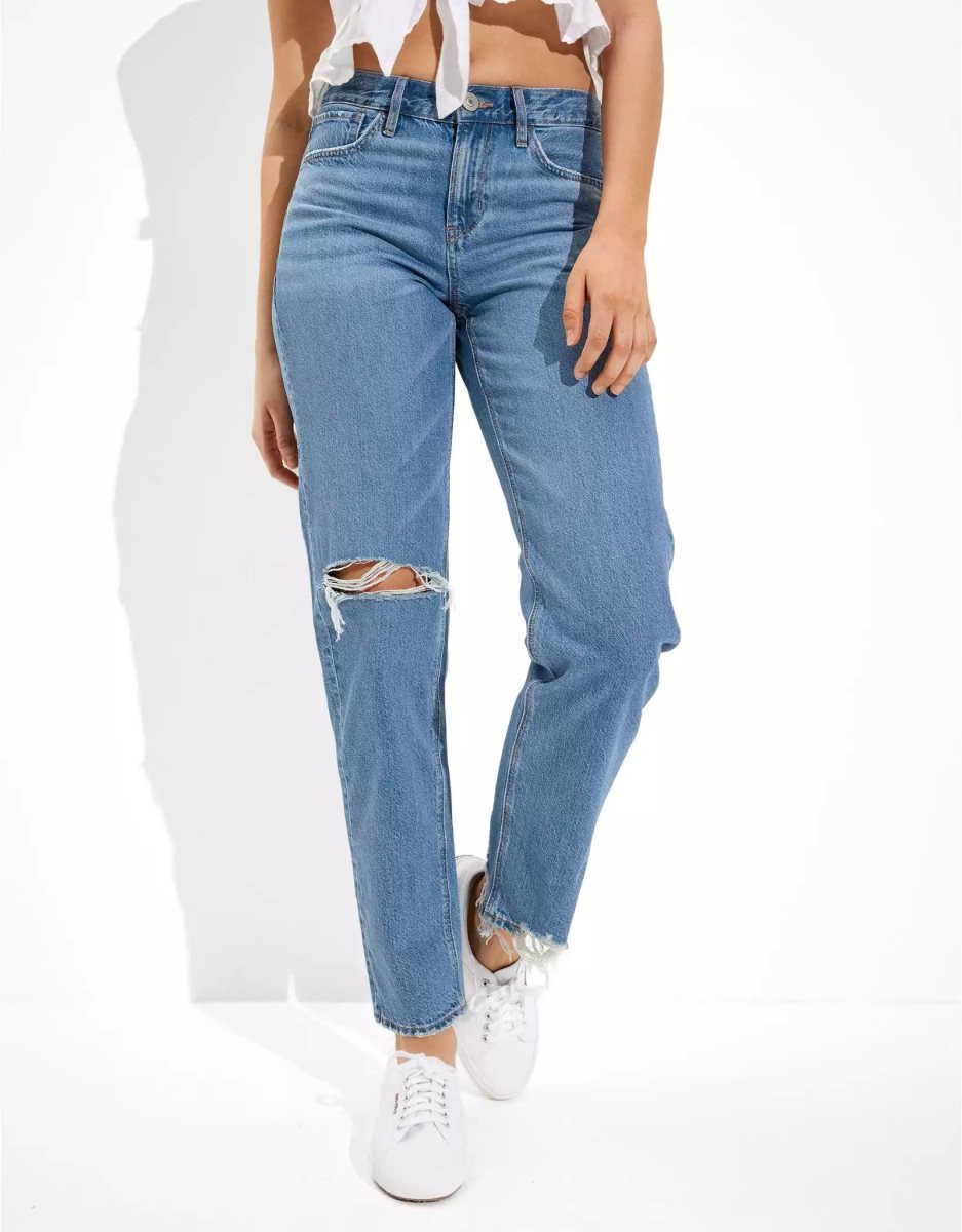 Jean American Eagle AE x The Redesign Ripped '90s Droit Bleu Femme | BNZ-18644518